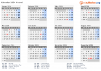 Kalender 2024 mit Ferien und Feiertagen Malawi