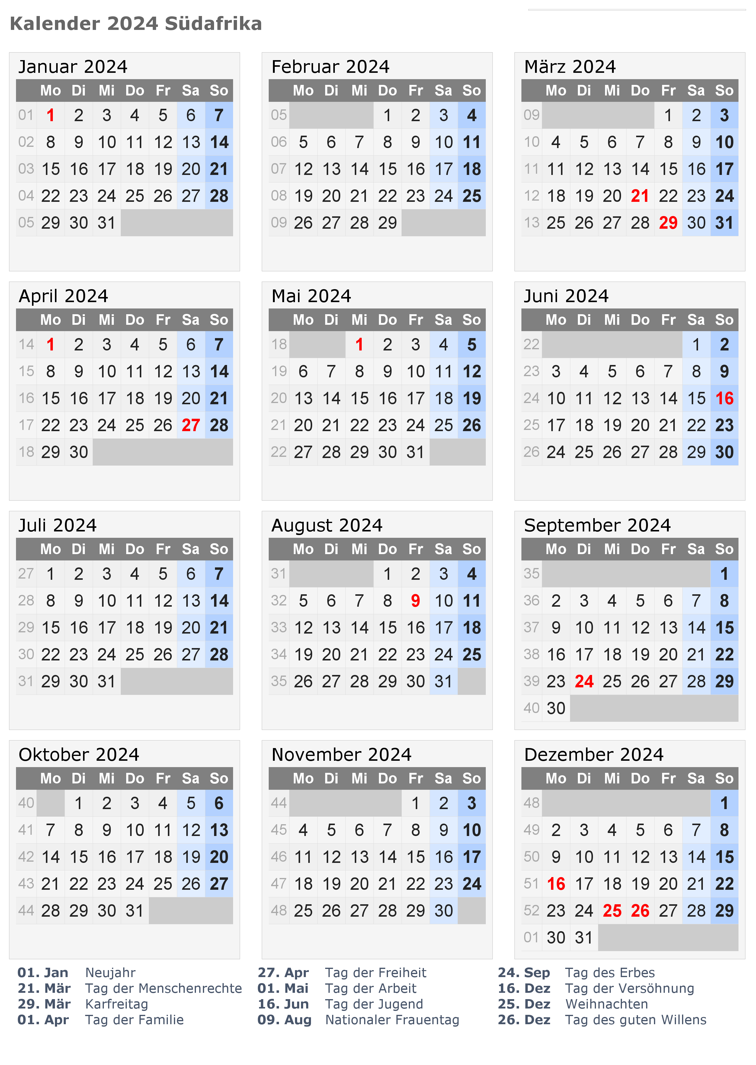 Kalender Südafrika 2024 mit Feiertage