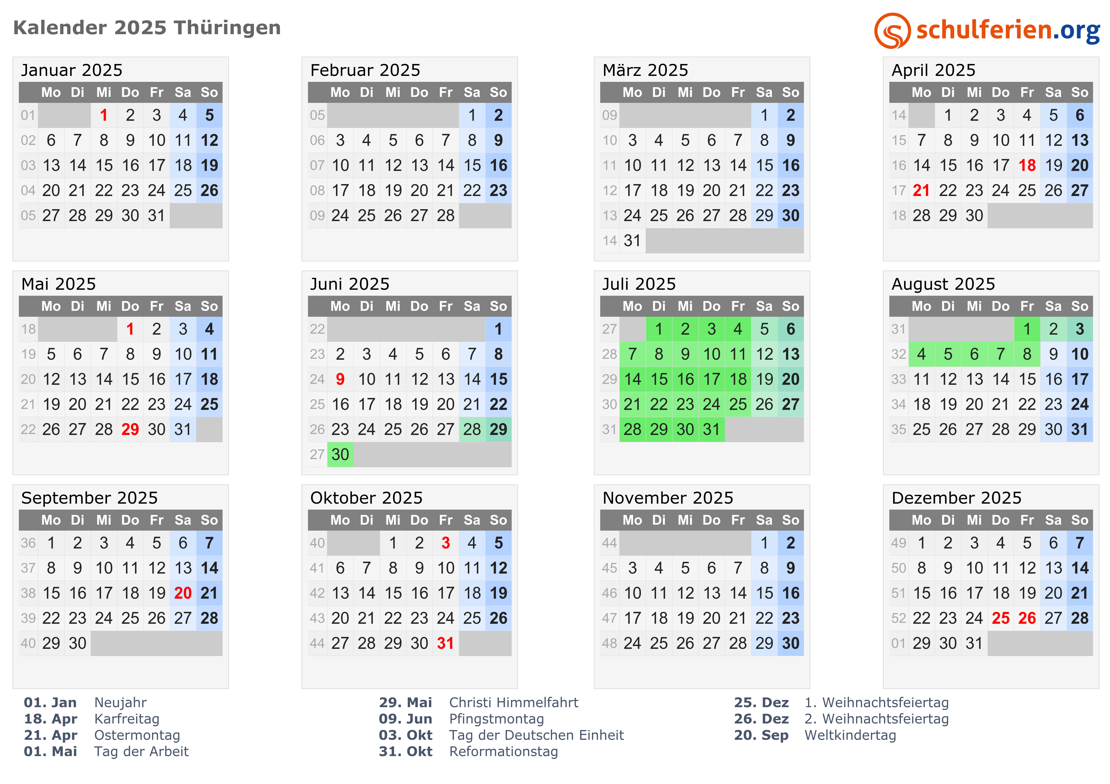 Kalender 2025 Ferien Thüringen Feiertage