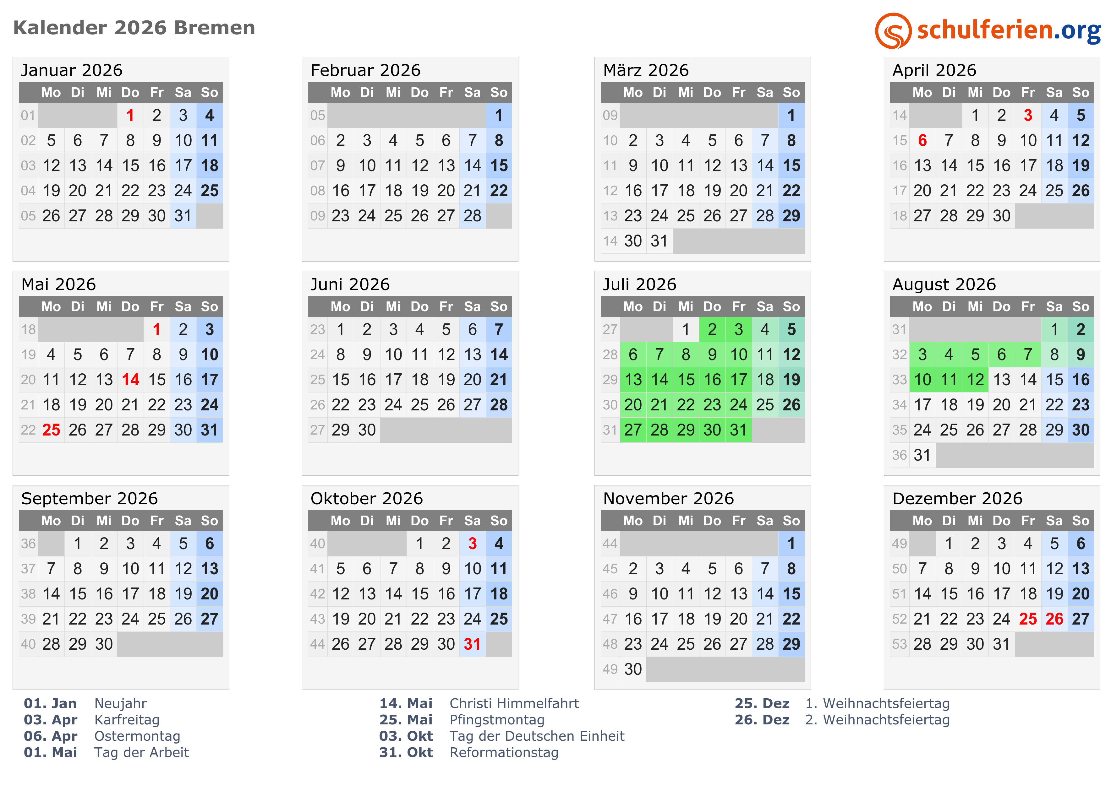 Kalender 2026 + Ferien Bremen, Feiertage