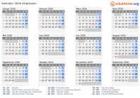 Kalender 2026 mit Ferien und Feiertagen Kirgisistan