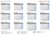 Kalender 2026 mit Ferien und Feiertagen Liberia