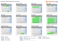 Kalender 2026 mit Ferien und Feiertagen Ungarisch Hradisch