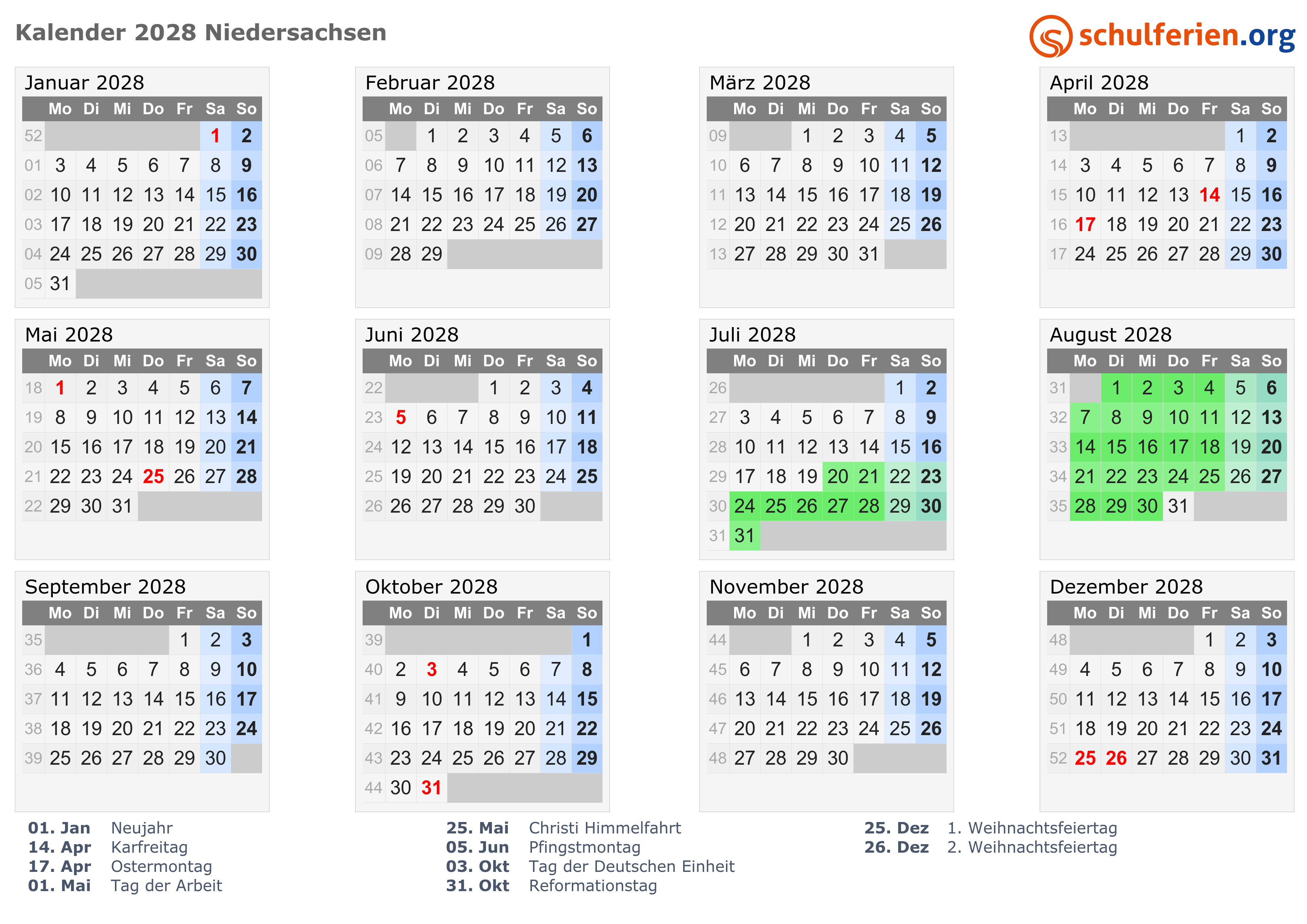 Kalender 2028 + Ferien Niedersachsen, Feiertage