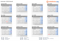 Kalender 2028 mit Ferien und Feiertagen Waadt