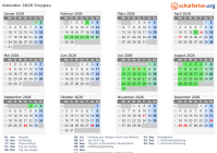 Kalender 2028 mit Ferien und Feiertagen Troppau