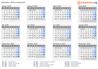 Kalender 2029 mit Ferien und Feiertagen Lombardei