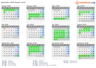Kalender 2029 mit Ferien und Feiertagen Basel-Land