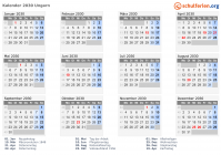 Kalender 2030 mit Ferien und Feiertagen Ungarn