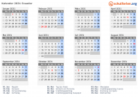 Kalender 2031 mit Ferien und Feiertagen Ecuador