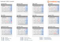 Kalender 2031 mit Ferien und Feiertagen Lesotho