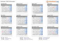 Kalender 2031 mit Ferien und Feiertagen Nicaragua