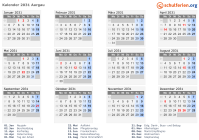 Kalender 2031 mit Ferien und Feiertagen Aargau