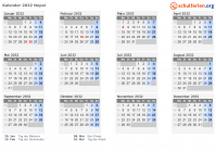 Kalender 2032 mit Ferien und Feiertagen Nepal