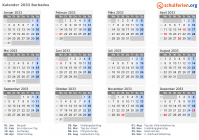 Kalender 2033 mit Ferien und Feiertagen Barbados