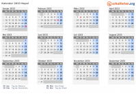 Kalender 2033 mit Ferien und Feiertagen Nepal