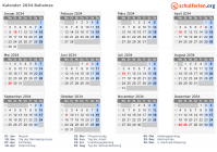 Kalender 2034 mit Ferien und Feiertagen Bahamas