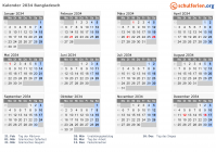 Kalender 2034 mit Ferien und Feiertagen Bangladesch