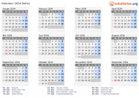 Kalender 2034 mit Ferien und Feiertagen Belize