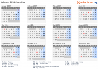 Kalender 2034 mit Ferien und Feiertagen Costa Rica