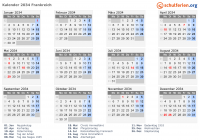 Kalender 2034 mit Ferien und Feiertagen Frankreich