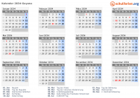 Kalender 2034 mit Ferien und Feiertagen Guyana