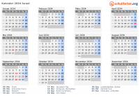 Kalender 2034 mit Ferien und Feiertagen Israel