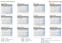 Kalender 2034 mit Ferien und Feiertagen Namibia