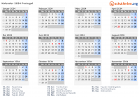 Kalender 2034 mit Ferien und Feiertagen Portugal