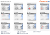 Kalender 2034 mit Ferien und Feiertagen Syrien