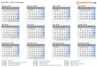 Kalender 2034 mit Ferien und Feiertagen Tunesien