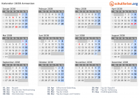 Kalender 2038 mit Ferien und Feiertagen Armenien