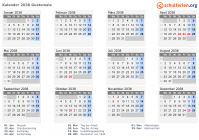 Kalender 2038 mit Ferien und Feiertagen Guatemala