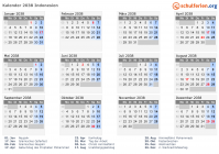 Kalender 2038 mit Ferien und Feiertagen Indonesien