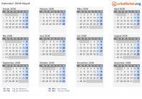Kalender 2038 mit Ferien und Feiertagen Nepal