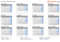 Kalender 2038 mit Ferien und Feiertagen Nicaragua