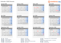 Kalender 2038 mit Ferien und Feiertagen Panama