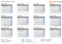 Kalender 2038 mit Ferien und Feiertagen Paraguay