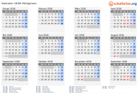 Kalender 2038 mit Ferien und Feiertagen Philippinen