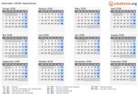 Kalender 2038 mit Ferien und Feiertagen Usbekistan